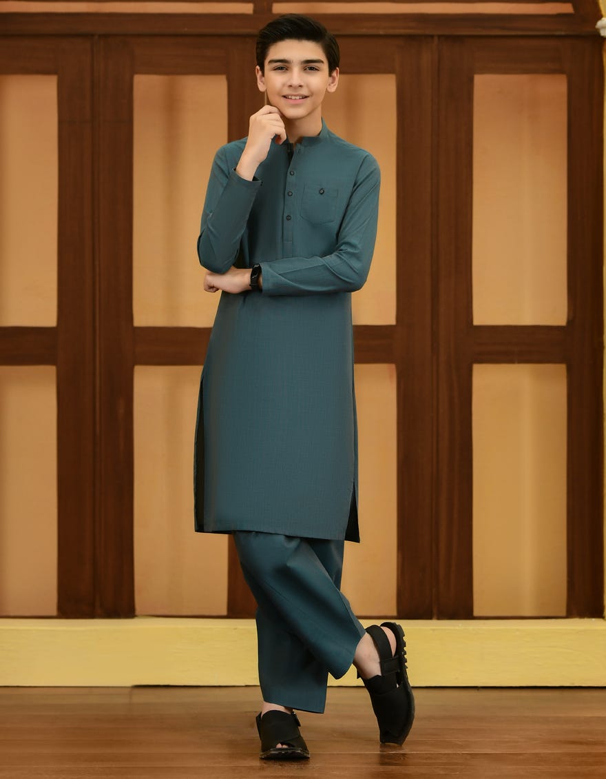 Teal Cotton Kid's Kameez Shalwar | Jcks-A-46057