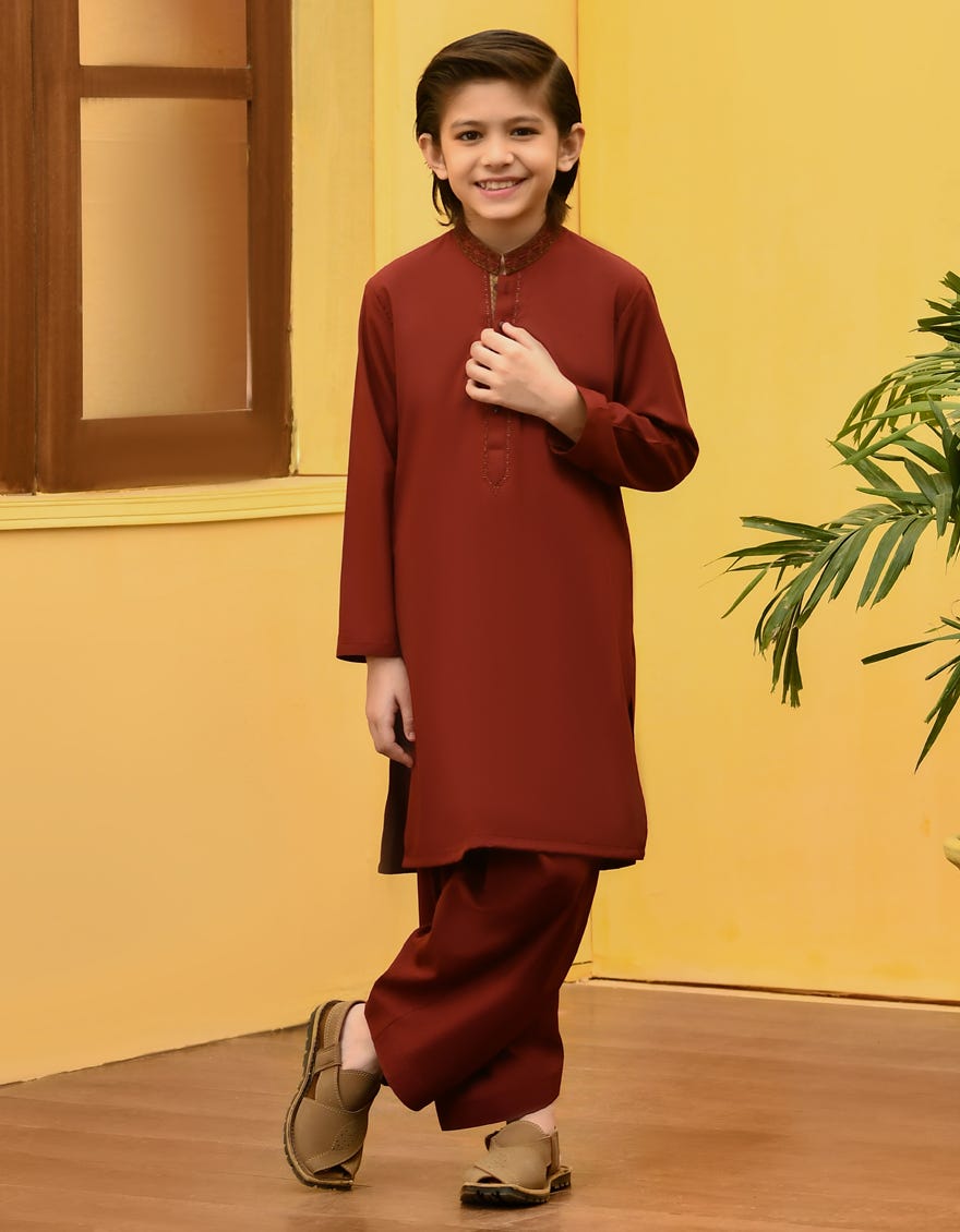Maroon Blended Kid's Kameez Shalwar | Jcks-S-46073