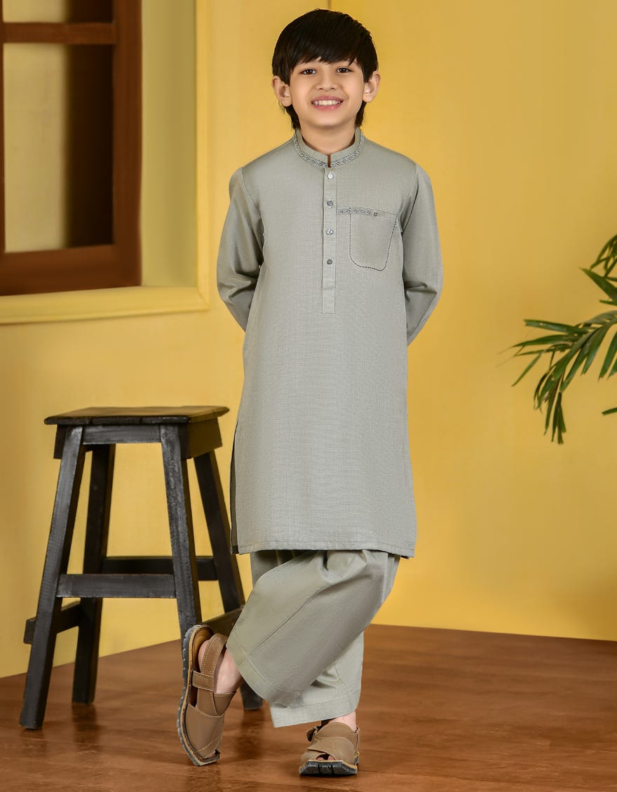 Green Cotton Kid's Kameez Shalwar | Jcks-S-46083