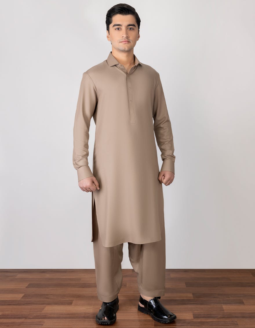 Beige Blended Teen Boy's Kameez Shalwar | Jtks-A-46090