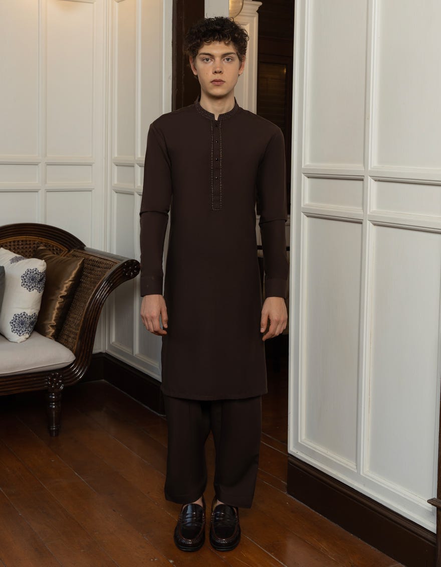 Coffee Brown Blended Teen Boy's Kameez Shalwar | Jtks-S-46092