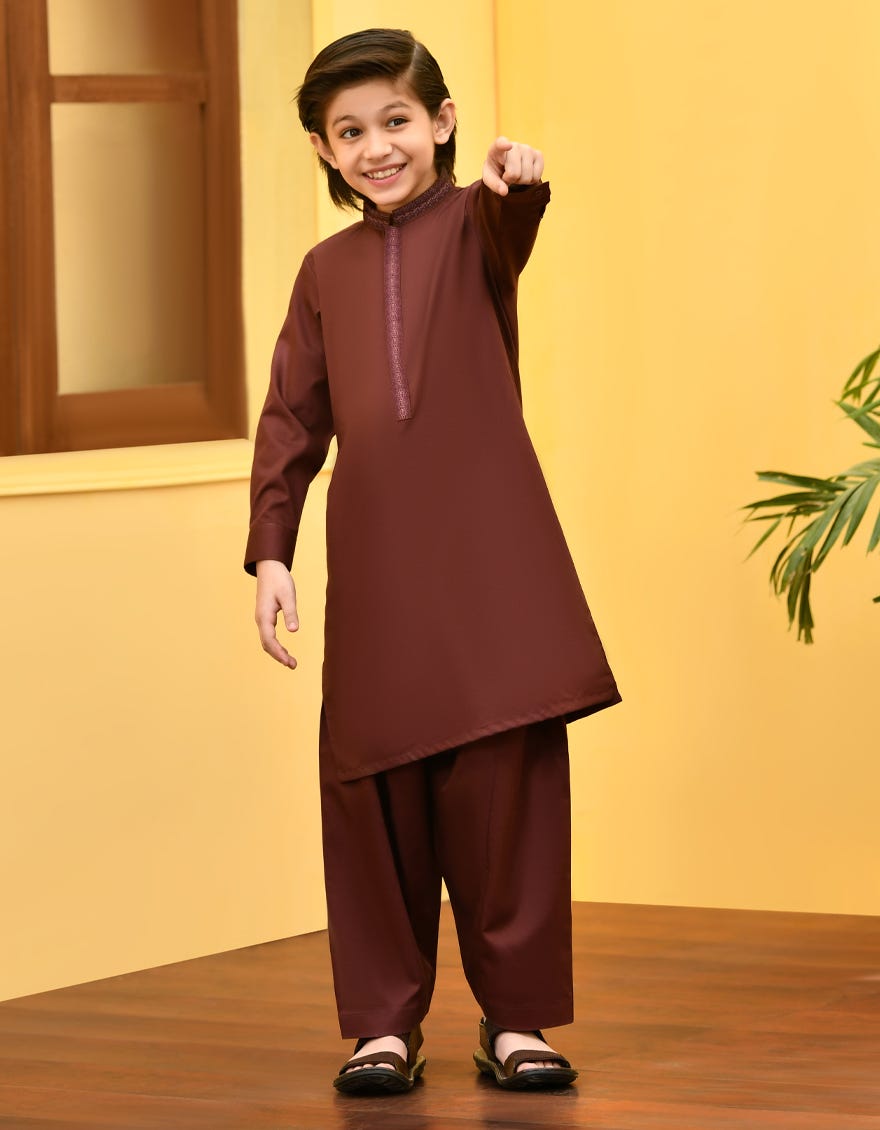Maroon Cotton Kid's Kameez Shalwar | Jcks-S-46093