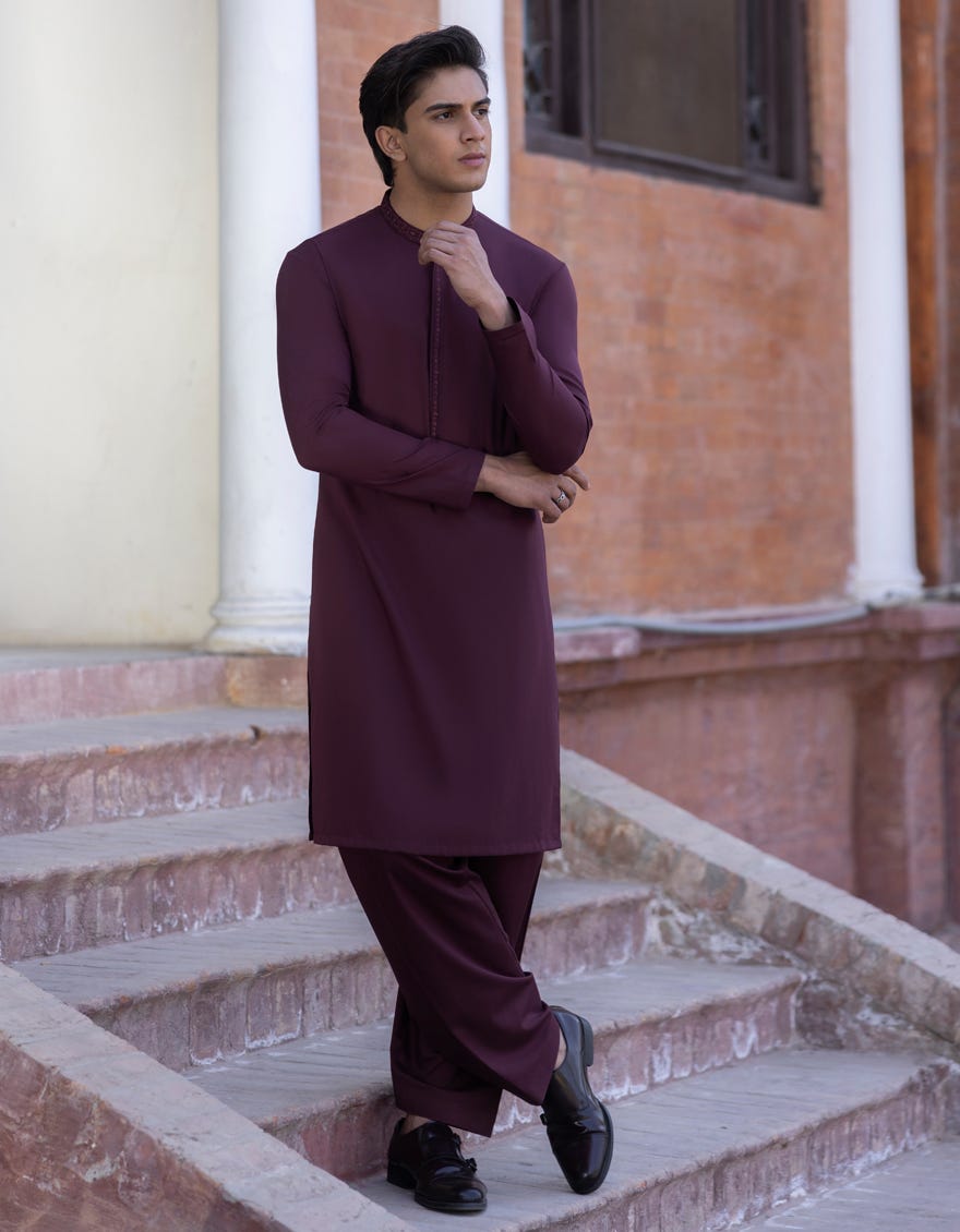 Maroon Blended Teen Boy's Kameez Shalwar | Jtks-S-46095
