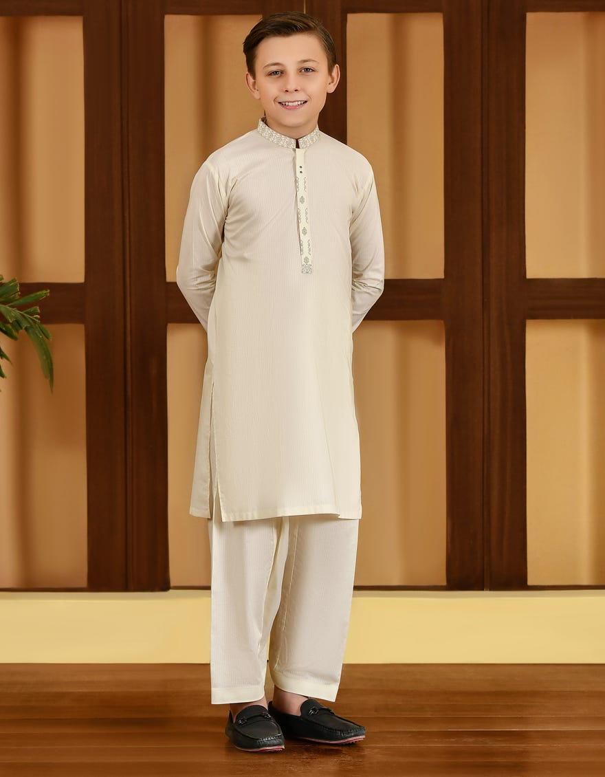 Off White Cotton Kid's Kameez Shalwar | Jcks-S-46100