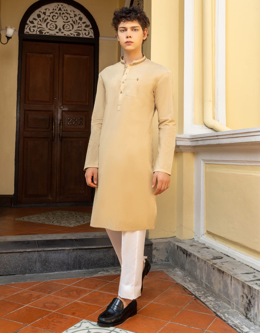 Yellow Cotton Teen Boy's Kurta | Jtk-S-46108
