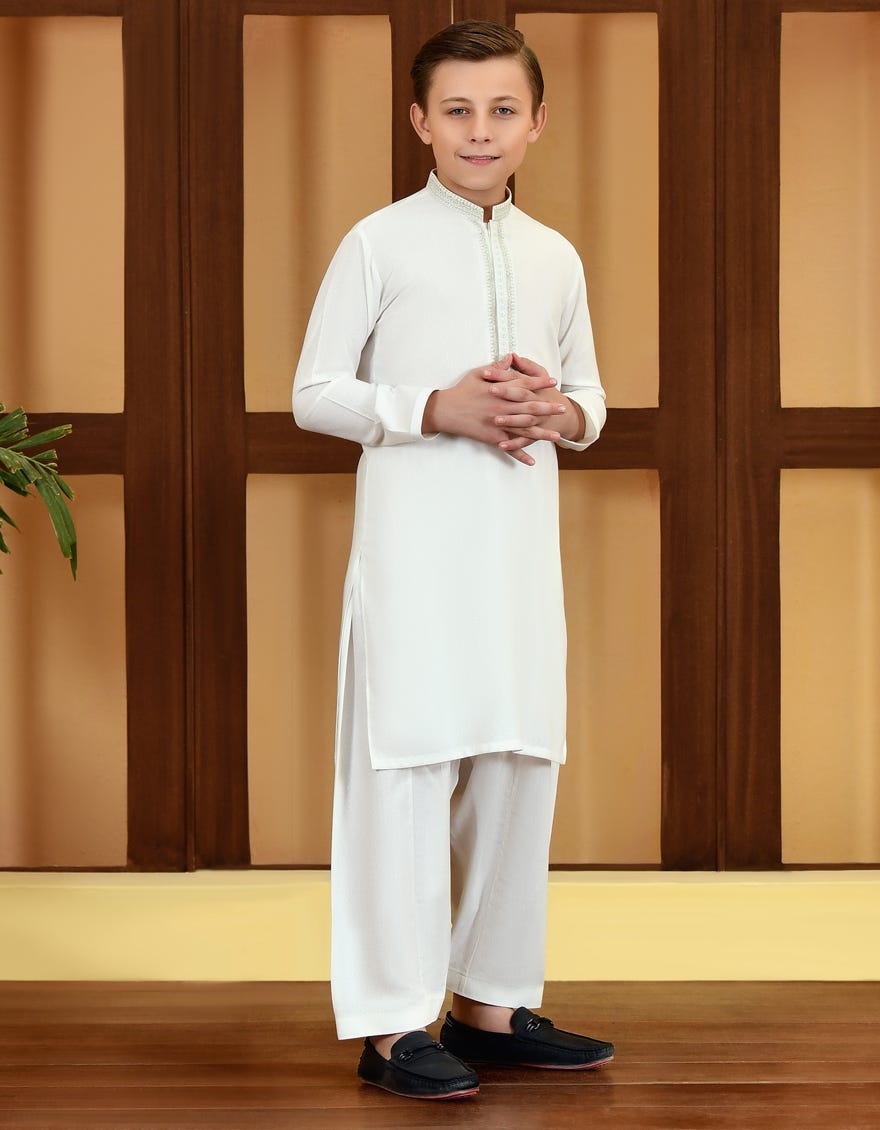 Off White Blended Kid's Kameez Shalwar | Jcks-A-46115