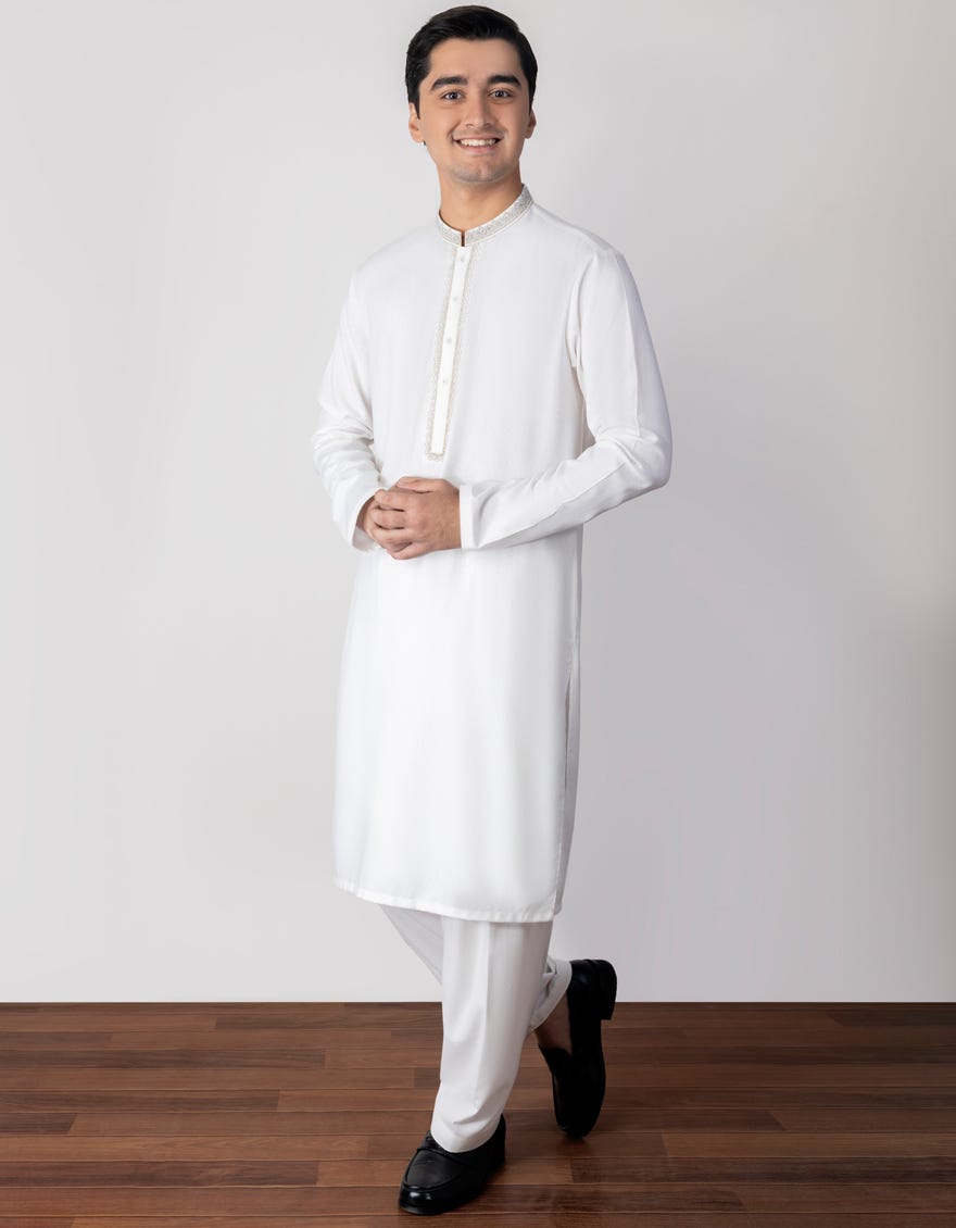 White Blended Teen Boy's Kameez Shalwar | Jtks-A-46116