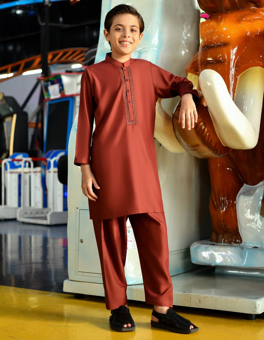 Rustic Red Blended Kid's Kameez Shalwar | Jcks-S-46125