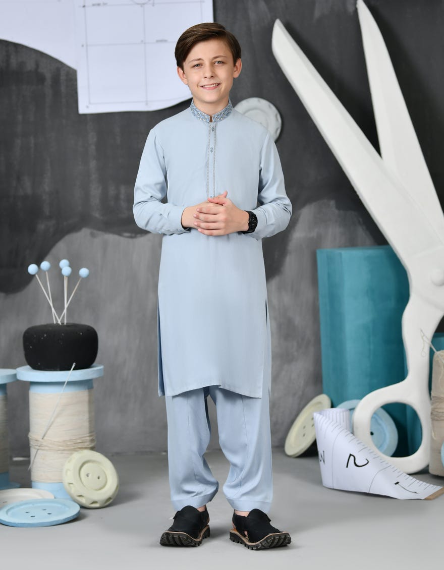 Sky Blue Blended Kid's Kameez Shalwar | Jcks-A-46143