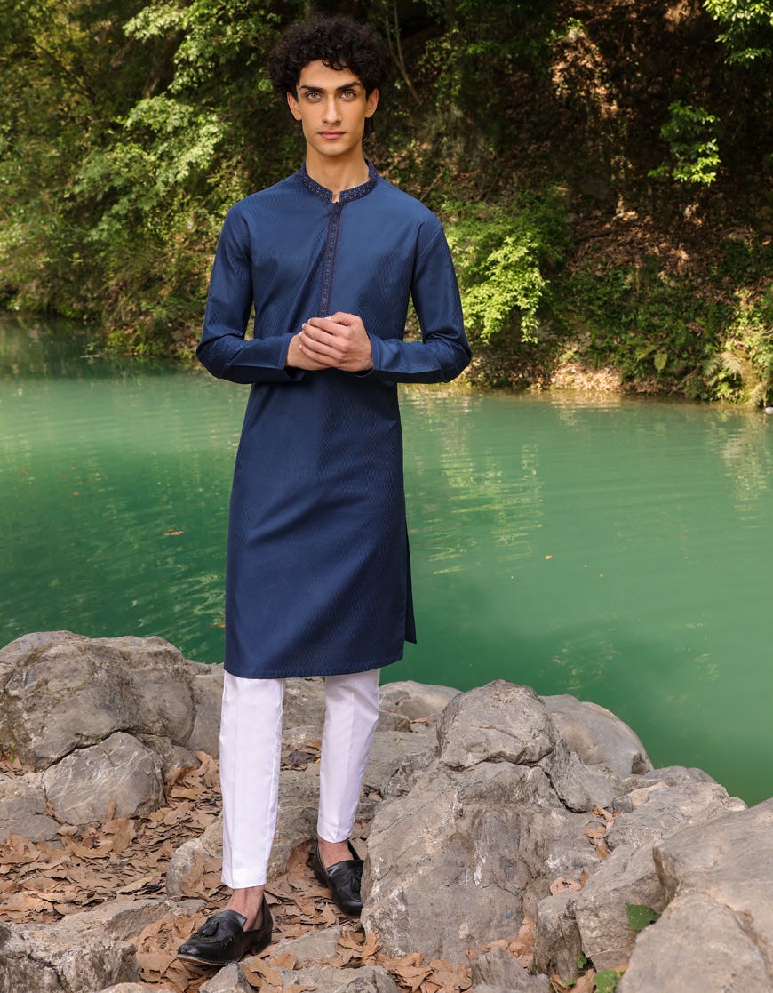 Blue Cotton Teen Boy's Kurta | Jtk-S-46145