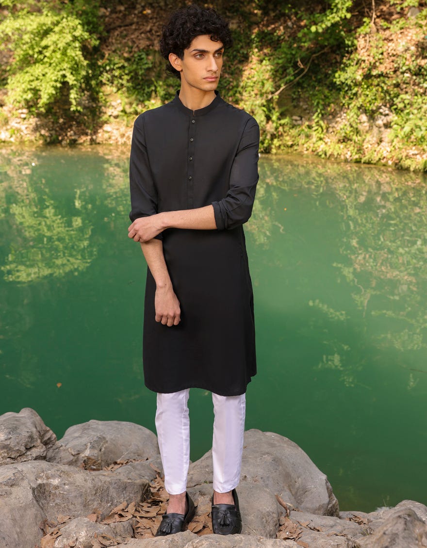 Black Cotton Teen Boy's Kurta | Jtk-S-46153
