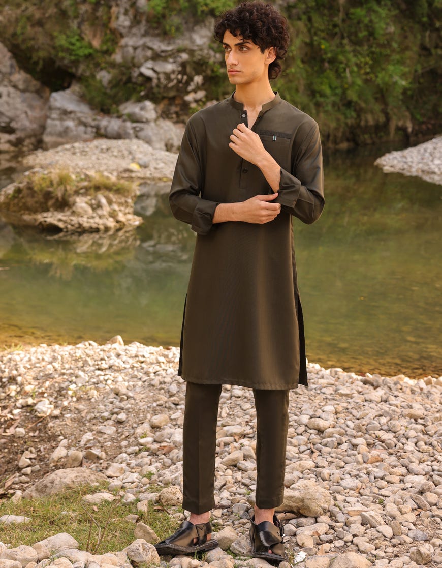 Army Green Polyester Kurta Pajama | Jtkp-S-46157
