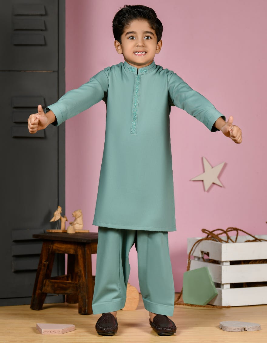 Green Blended Kid's Kameez Shalwar | Jcks-S-46195