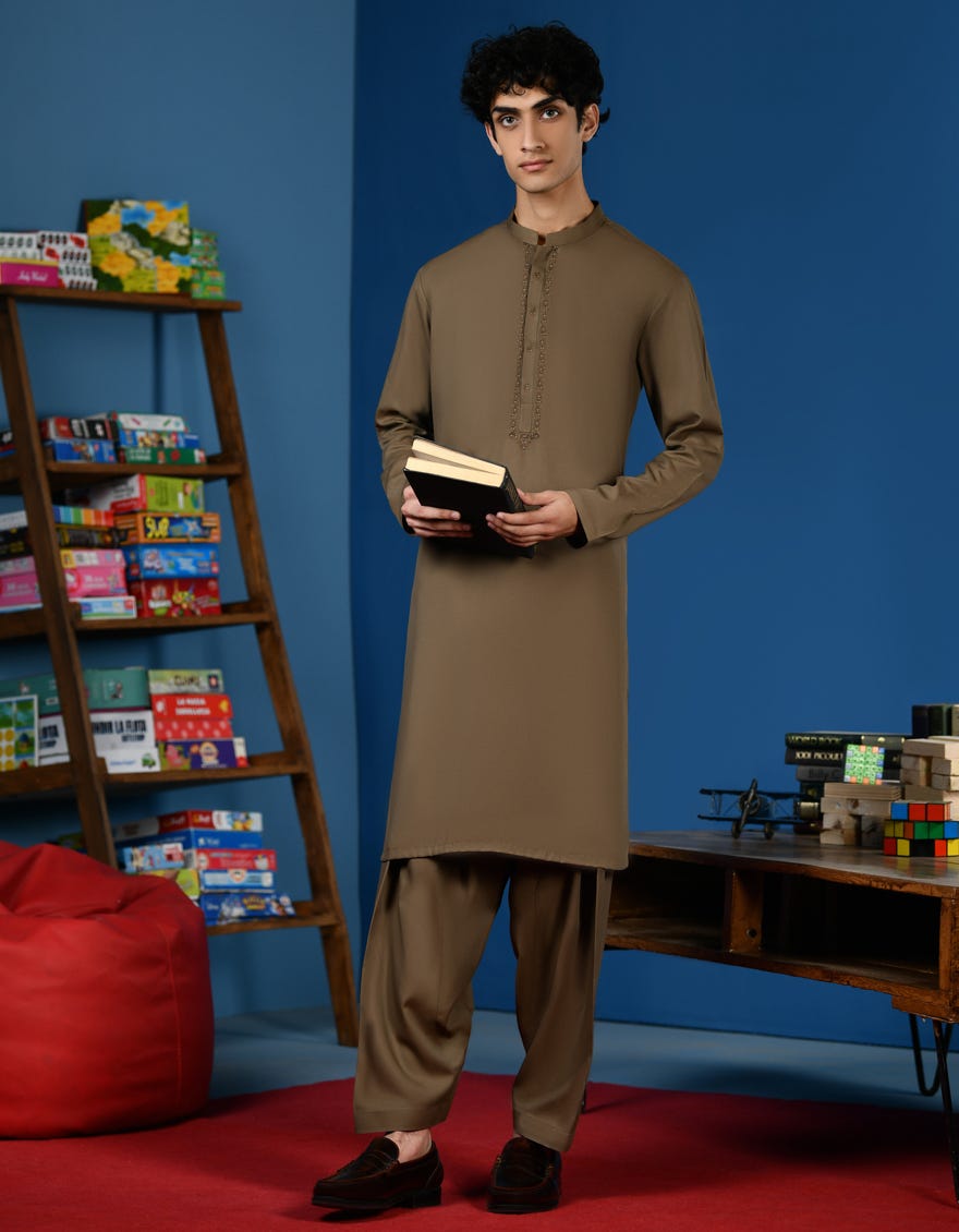 Brown Blended Teen Boy's Kameez Shalwar | Jtks-A-46196