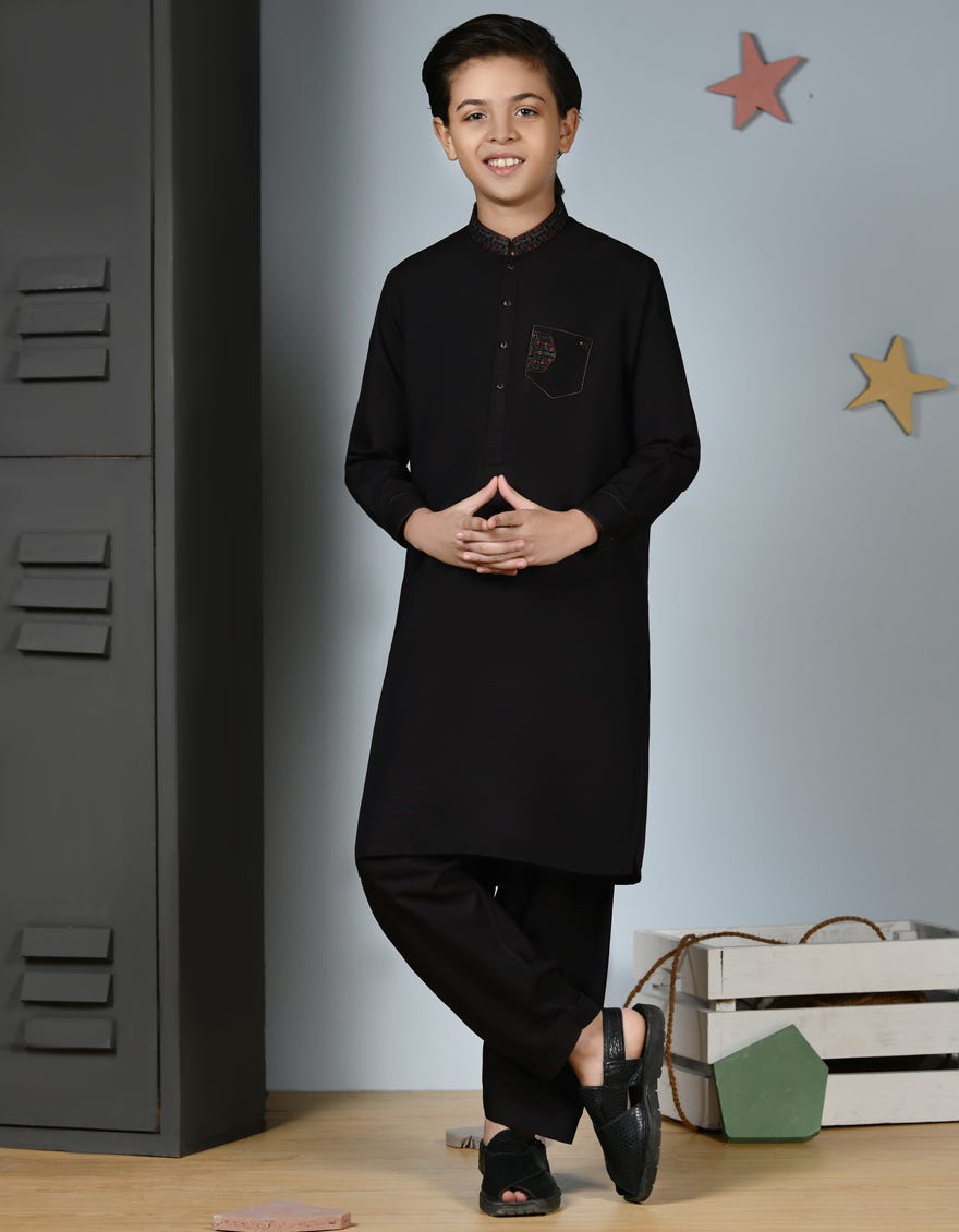 Black Blended Kid's Kameez Shalwar | Jcks-S-46198
