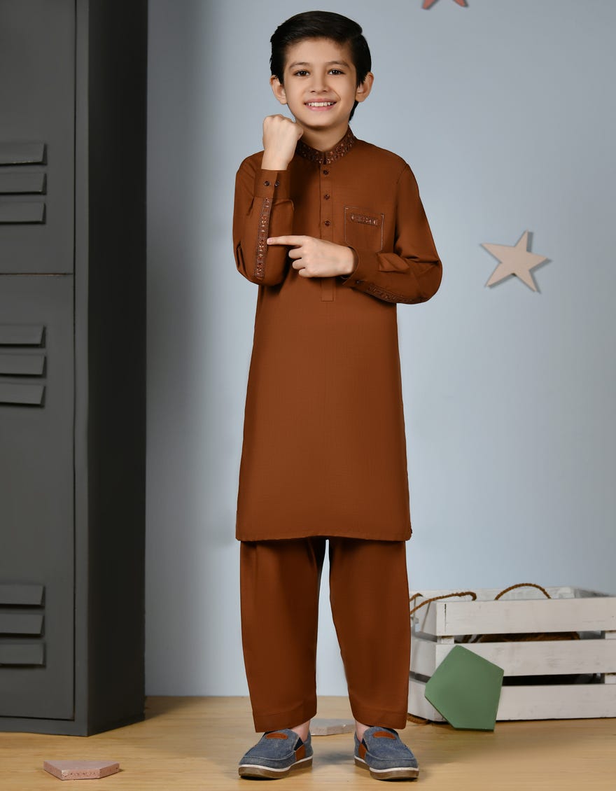 Rust Blended Kid's Kameez Shalwar | Jcks-S-46199