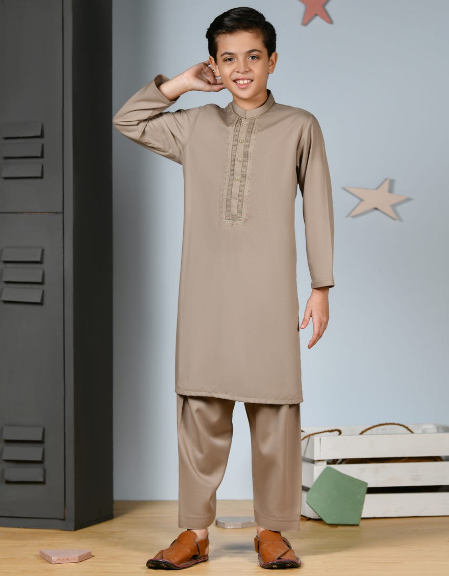 Beige Blended Kid's Kameez Shalwar | Jcks-S-46201