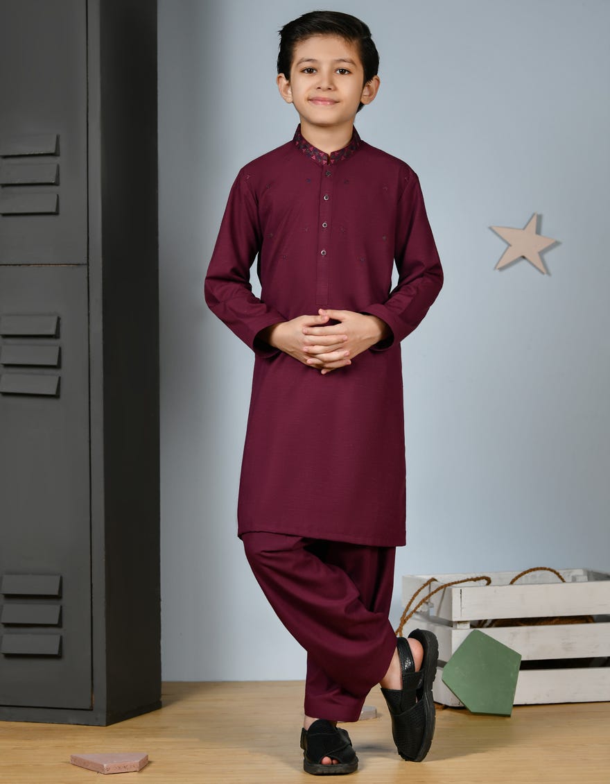 Maroon Blended Kid's Kameez Shalwar | Jcks-A-46204