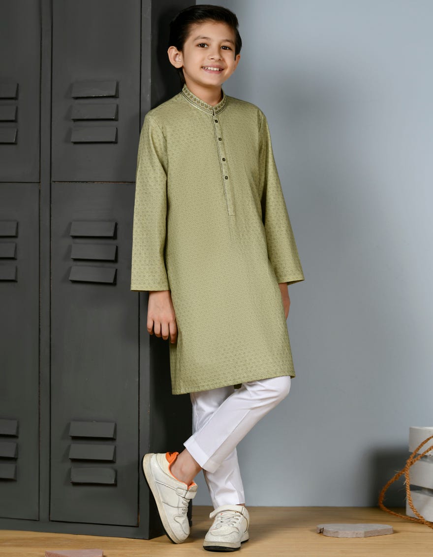 Lime Green Slub Kid's Kurta | Jck-W-46206