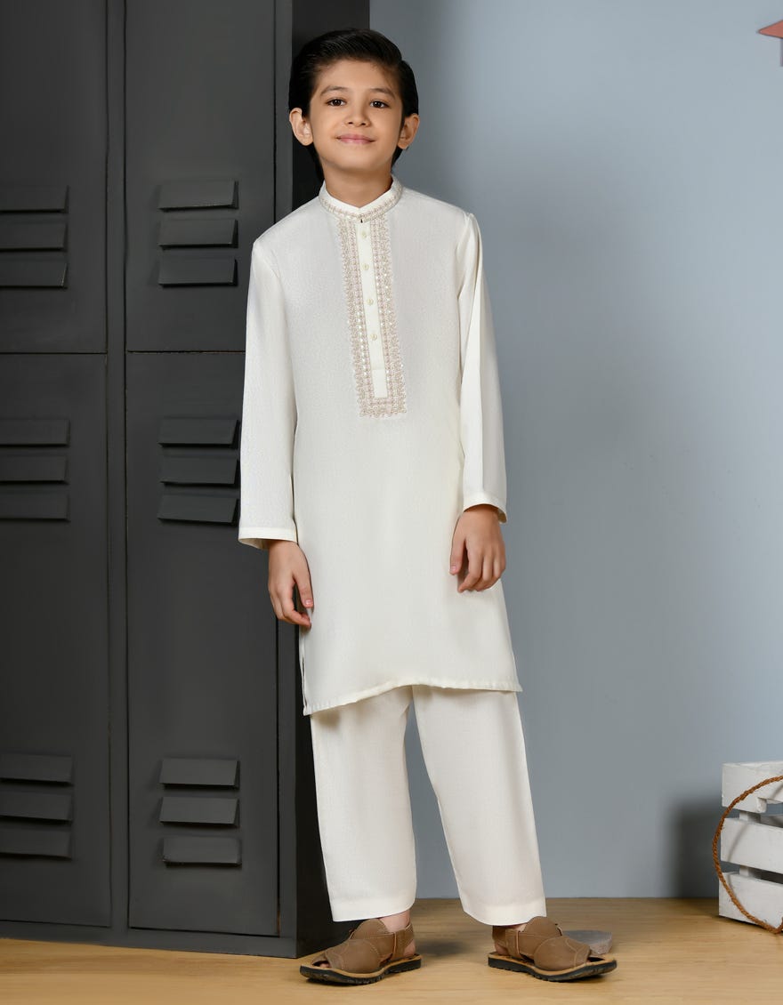 Off White Ayudhiya Kid's Kameez Shalwar | Jcks-A-46210