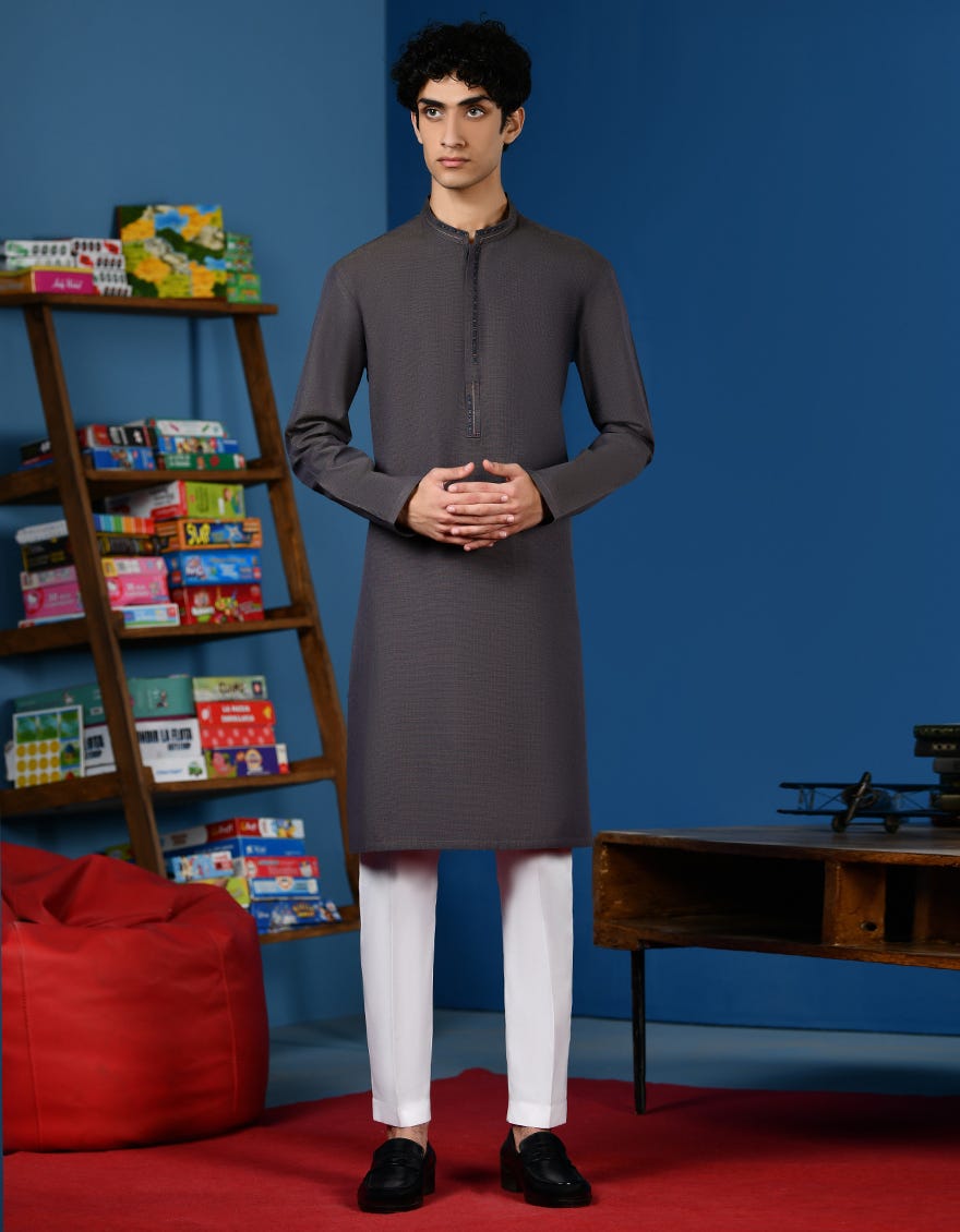 Hatched Blue Cotton Teen Boy's Kurta | Jtk-A-46211