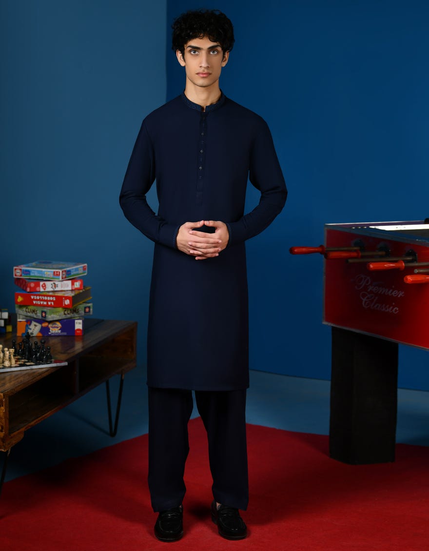 Navy Blue Blended Teen Boy's Kameez Shalwar | Jtks-A-46214