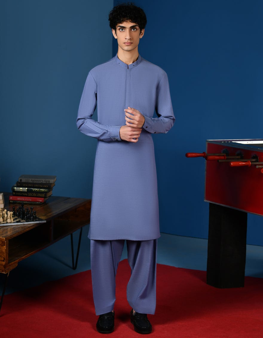 Denim Blue Polyester Teen Boy's Kameez Shalwar | Jtks-A-46215