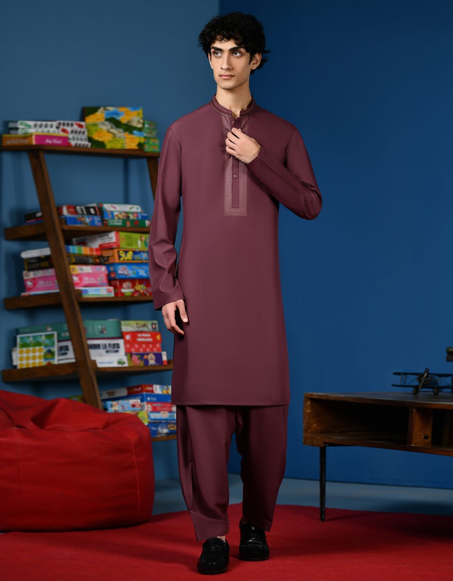 Dark Maroon Blended Teen Boy's Kameez Shalwar | Jtks-A-46217