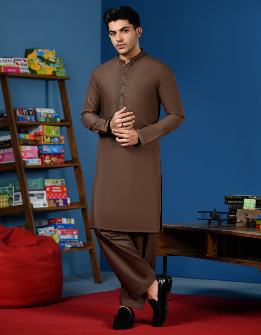 Brown Blended Teen Boy's Kameez Shalwar | Jtks-A-46218