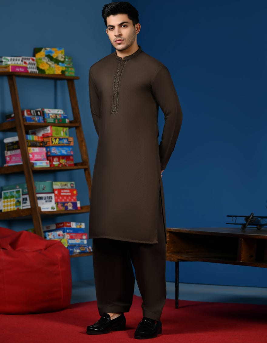 Chocolate Brown Blended Teen Boy's Kameez Shalwar | Jtks-A-46233