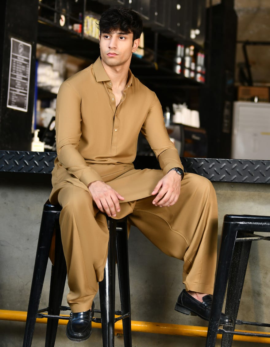 Dull Gold Blended Teen Boy's Kameez Shalwar | Jtks-S-46243