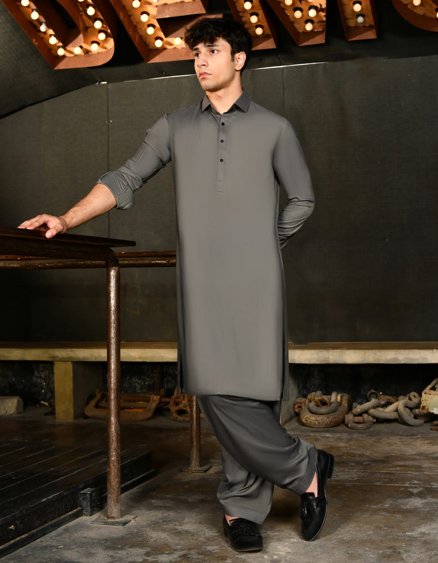 Grey Blended Teen Boy's Kameez Shalwar | Jtks-S-46244