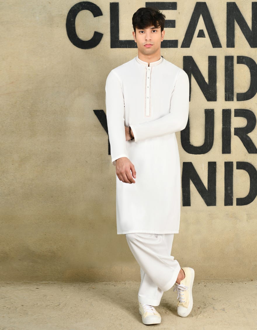 White Blended Teen Boy's Kameez Shalwar | Jtks-A-46260