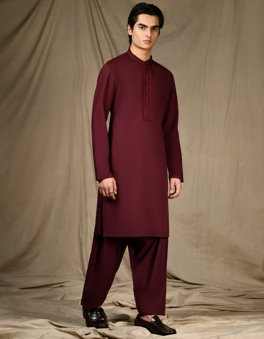 Maroon Blended Teen Boy's Kameez Shalwar | Jtks-S-46292