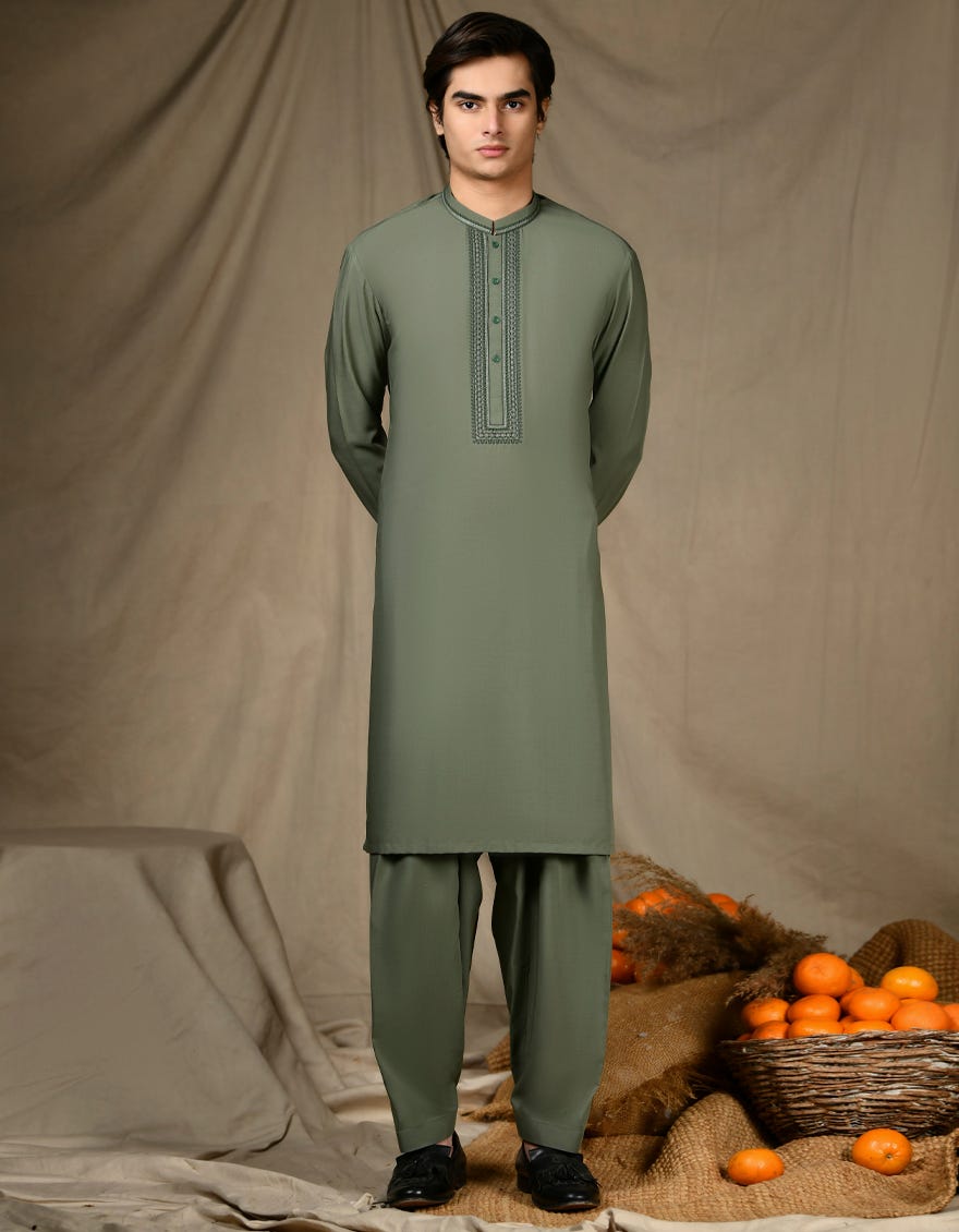 Dull Green Blended Teen Boy's Kameez Shalwar | Jtks-S-46293