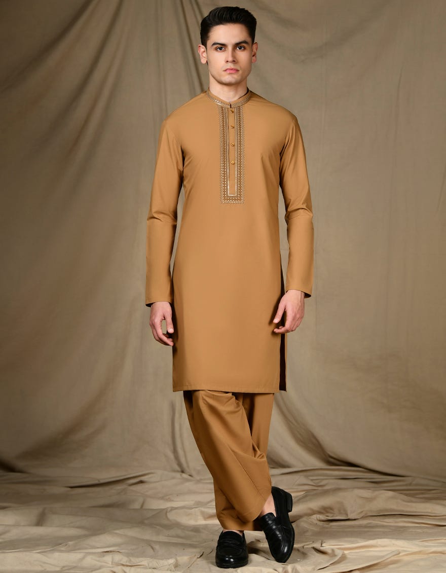 Golden Brown Blended Teen Boy's Kameez Shalwar | Jtks-S-46300