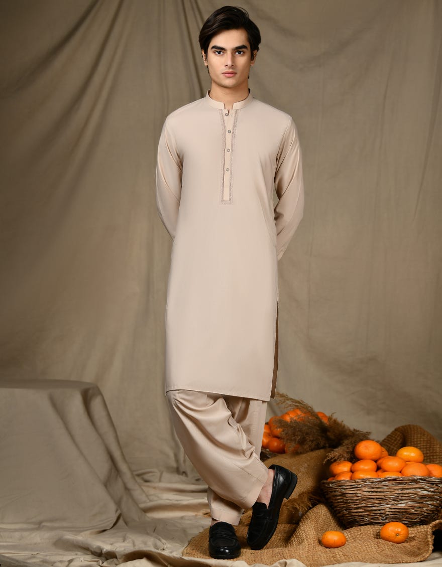 Beige Polyester Teen Boy's Kameez Shalwar | Jtks-S-46302