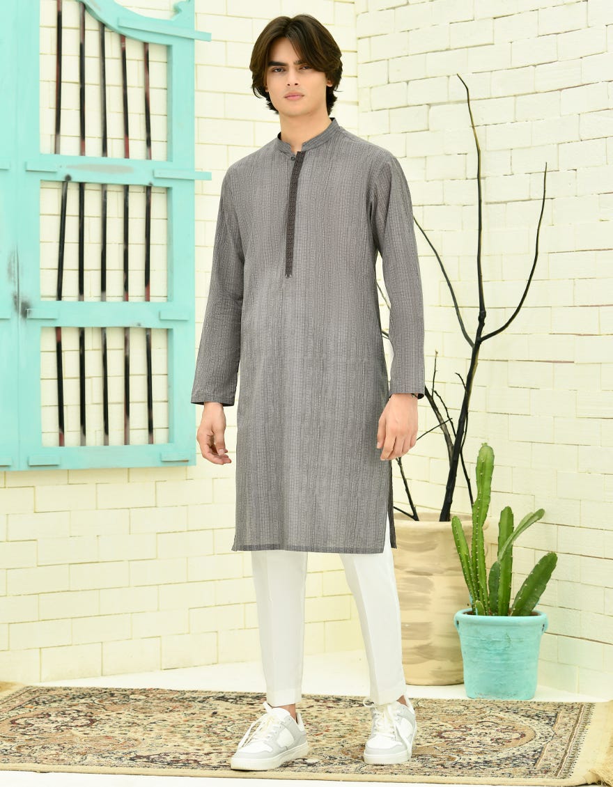 Mud Grey Cotton Teen Boy's Kurta | Jtk-S-46309