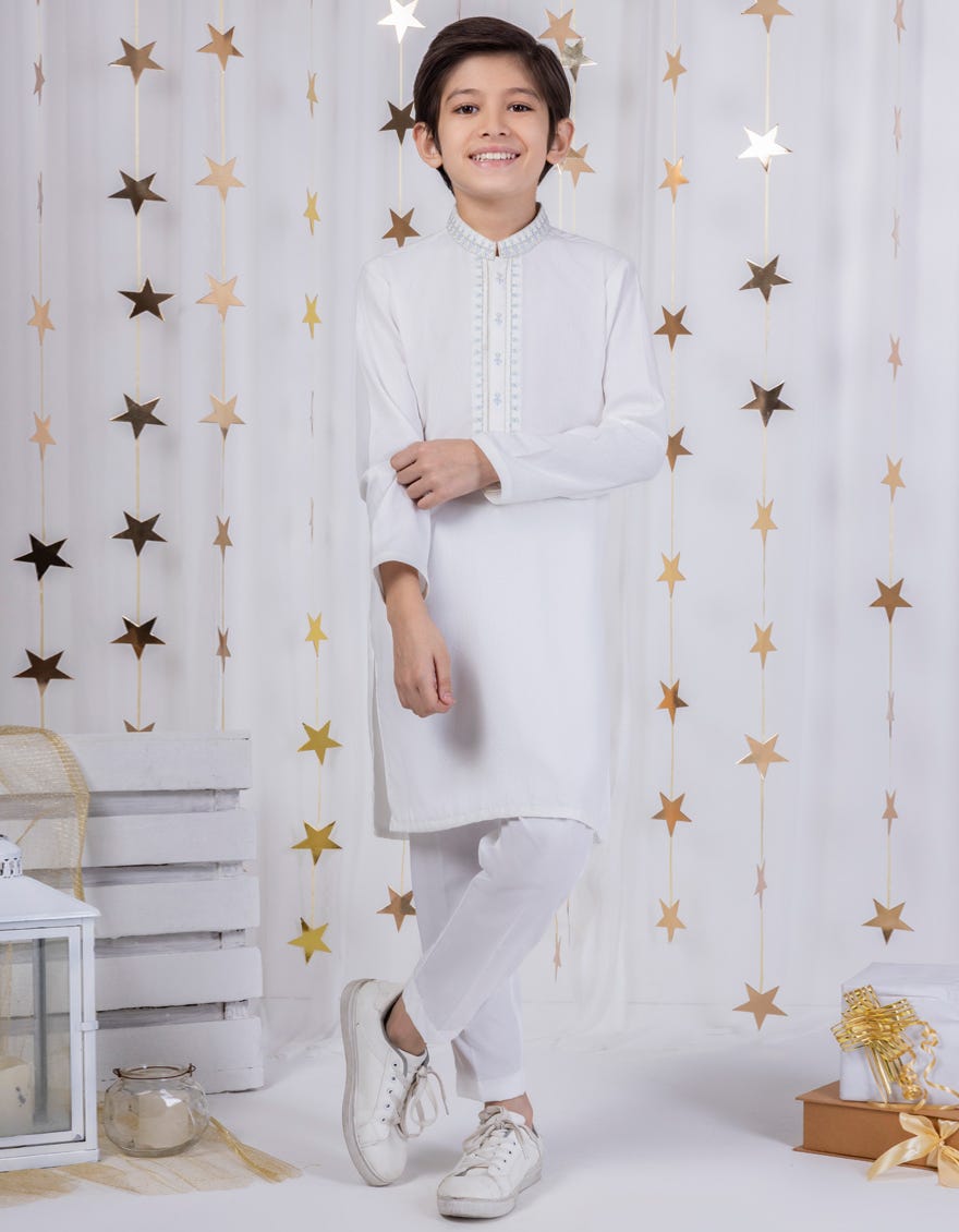 White Kid's Kameez Shalwar | Jcks-A-46315
