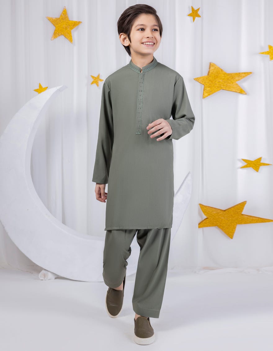 Army Green Blended Kid's Kameez Shalwar | Jcks-S-46318