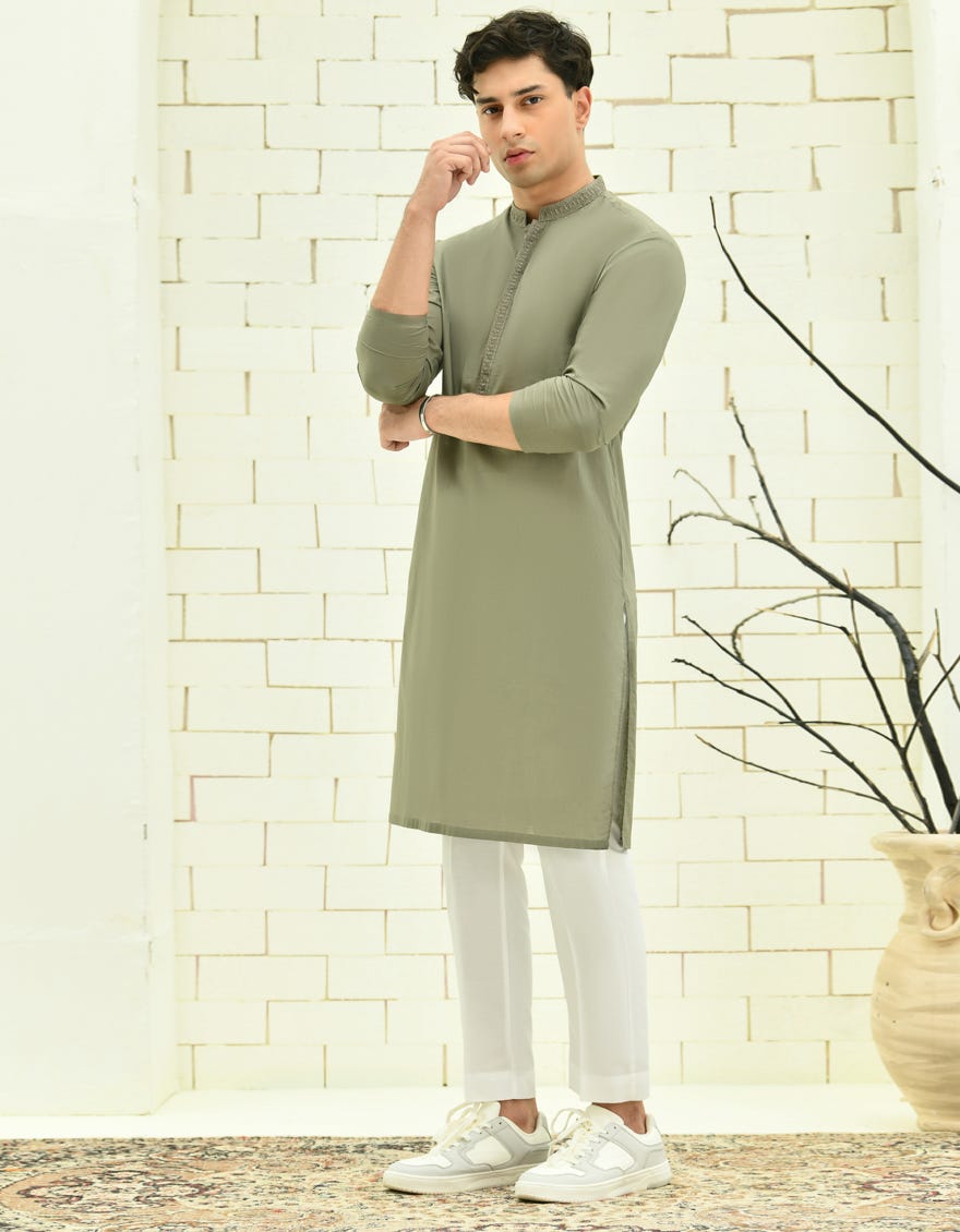 Olive Cotton Teen Boy's Kurta | Jtk-S-46326