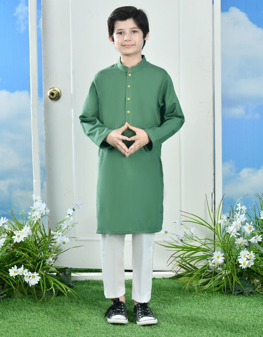 Green Cotton Kid's Kurta | Jck-S-46328