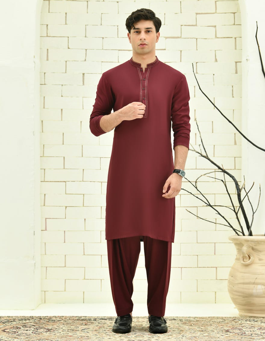 Maroon Blended Teen Boy's Kameez Shalwar | Jtks-S-46332