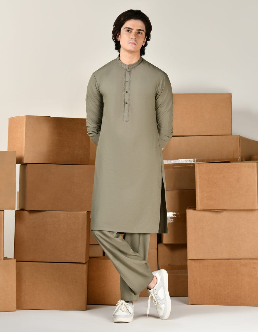 Sage Green Blended Teen Boy's Kameez Shalwar | Jtks-A-46358