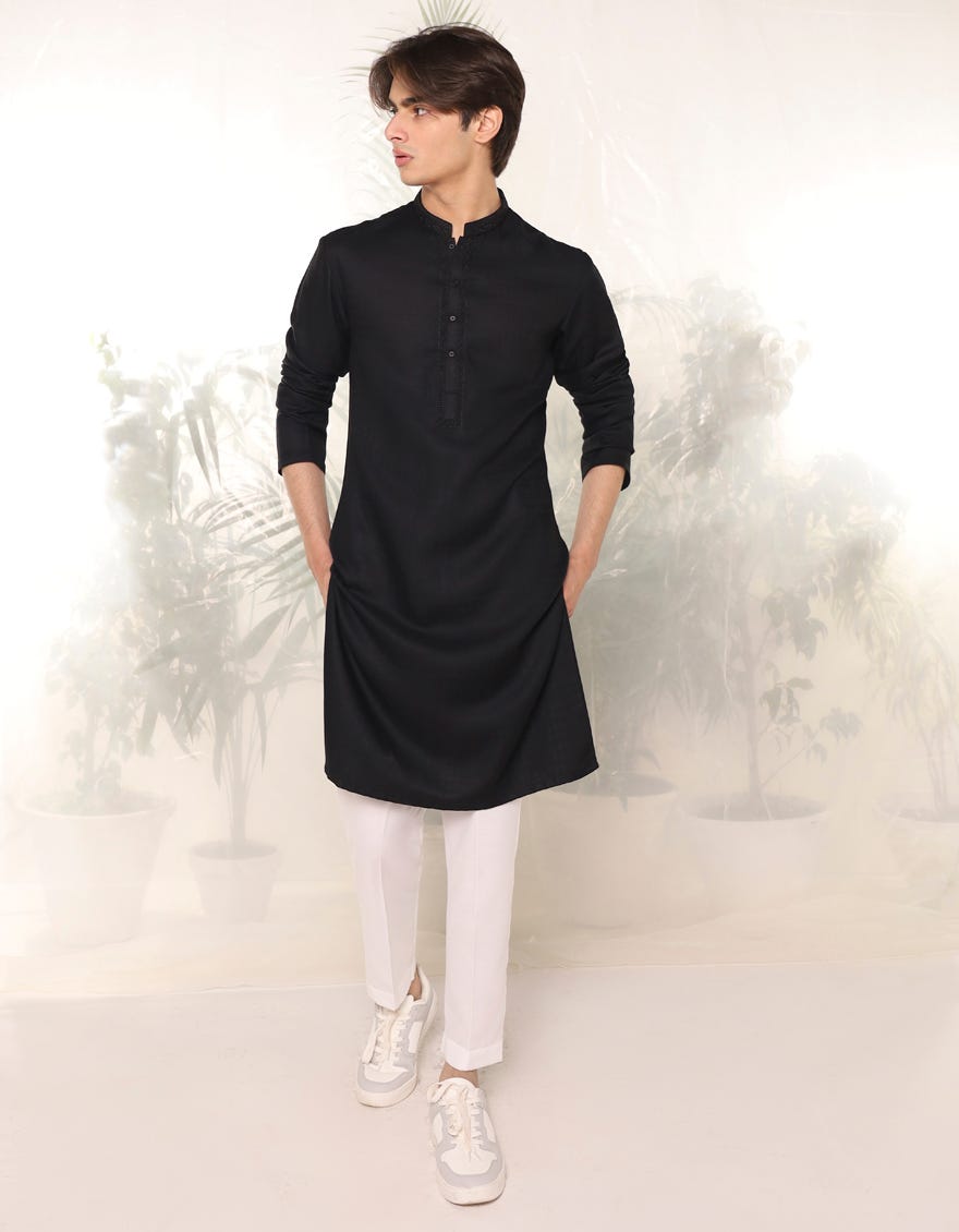 Black Blended Teen Boy's Kurta | Jtk-A-46381