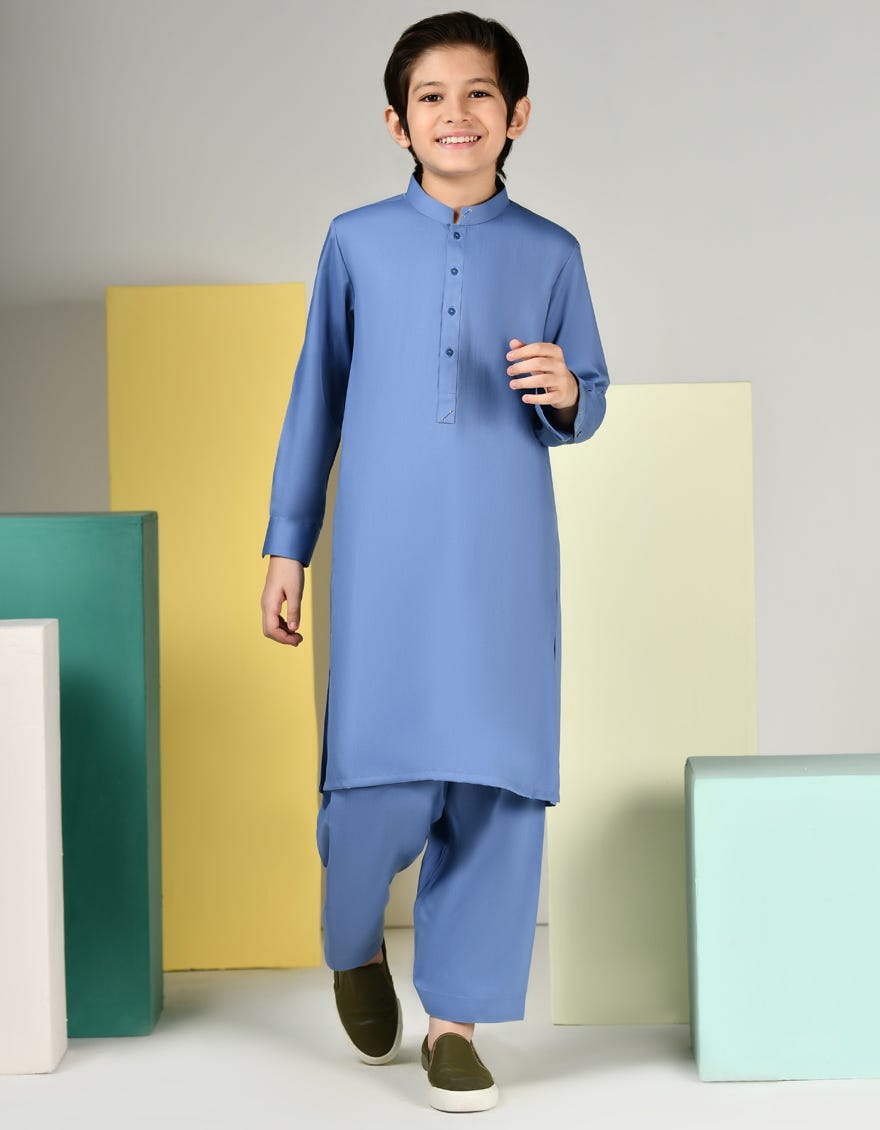 Light Blue Blended Kid's Kameez Shalwar | Jcks-A-46390