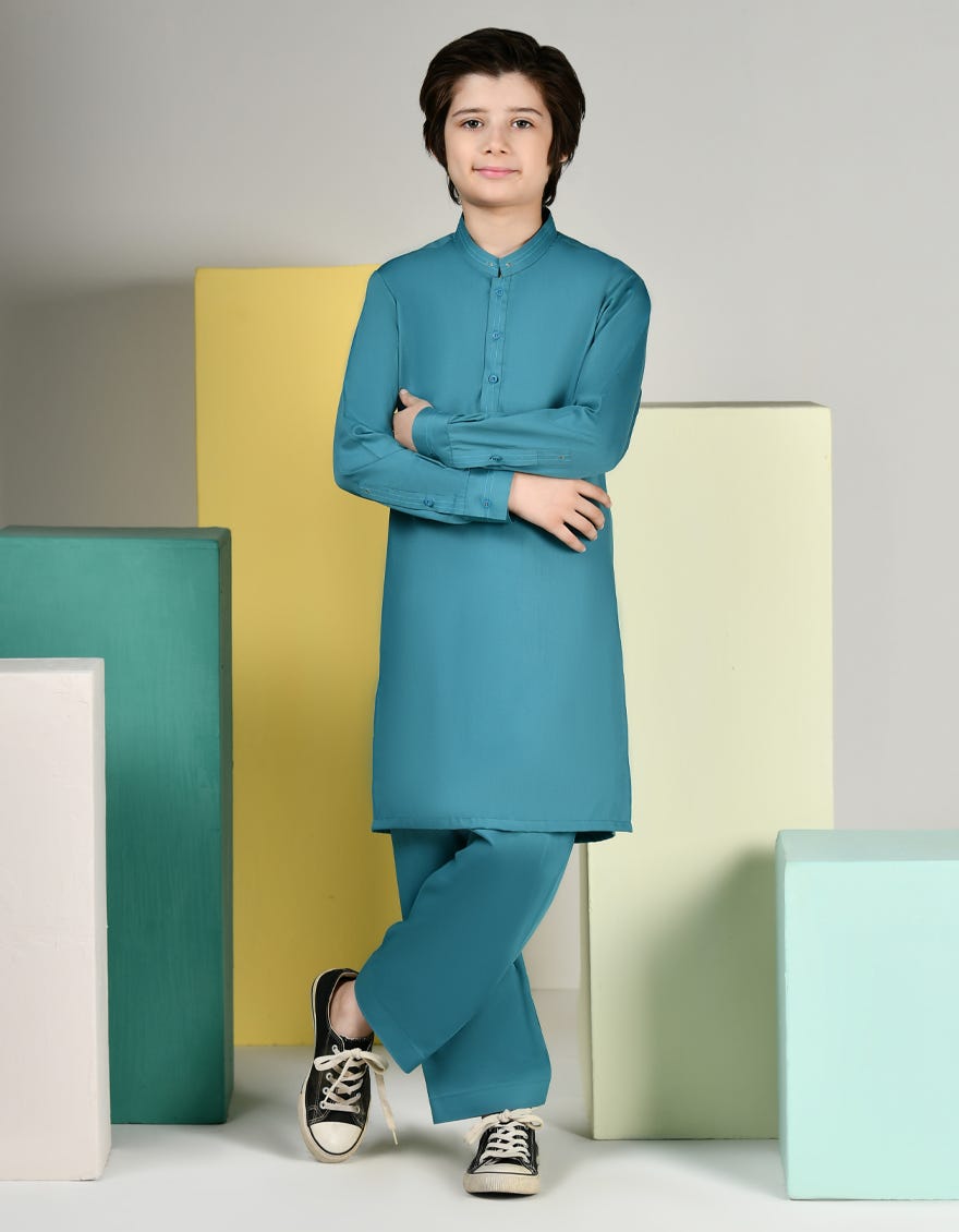 Sea Green Blended Kid's Kameez Shalwar | Jcks-A-46399