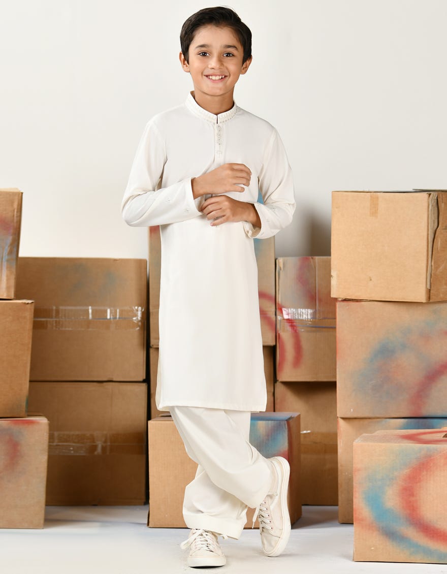 Off White Blended Kid's Kameez Shalwar | Jcks-A-46405
