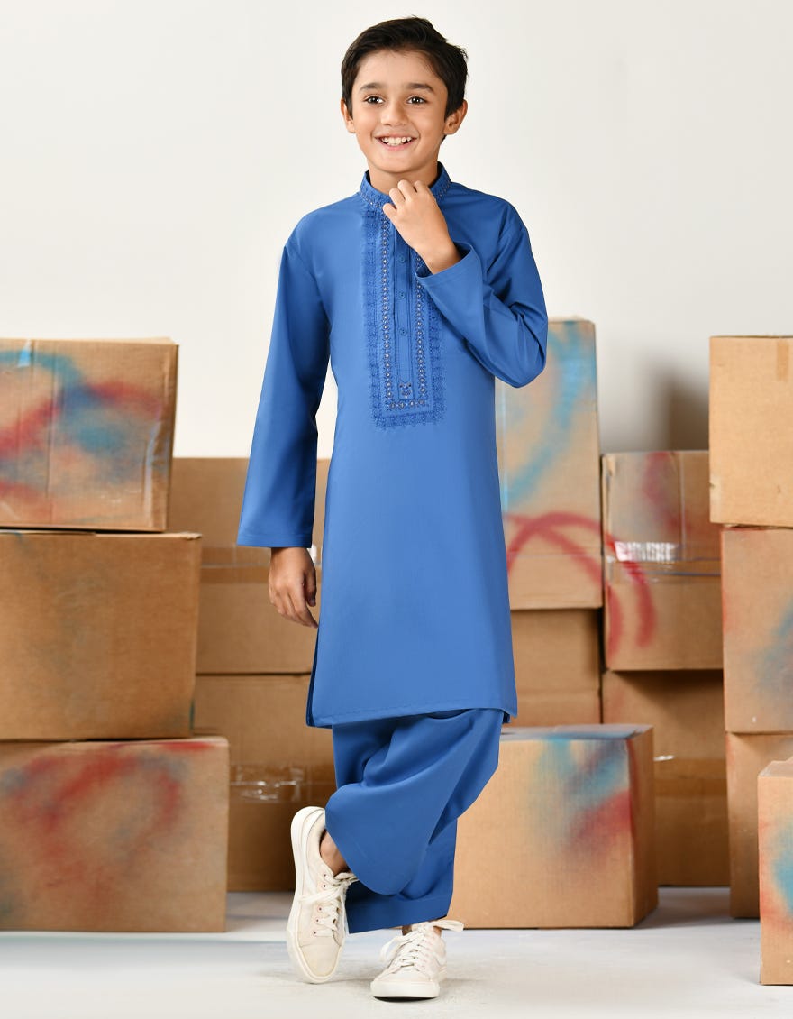 Blue Blended Kid's Kameez Shalwar | Jcks-A-46406