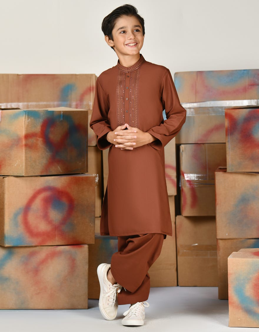 Rust Blended Kid's Kameez Shalwar | Jcks-A-46408